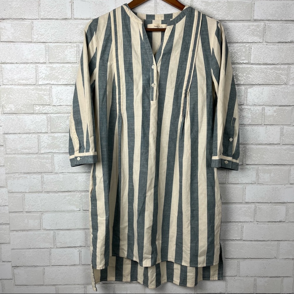 Anthropologie Cream and Slate Blue Striped Midi Dress